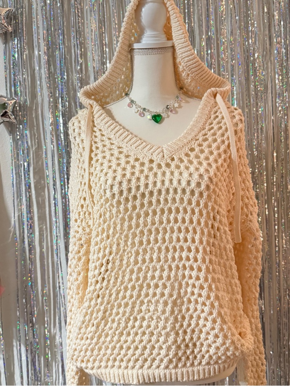 Cream Hooded Open-Knit V-Neck Sweater